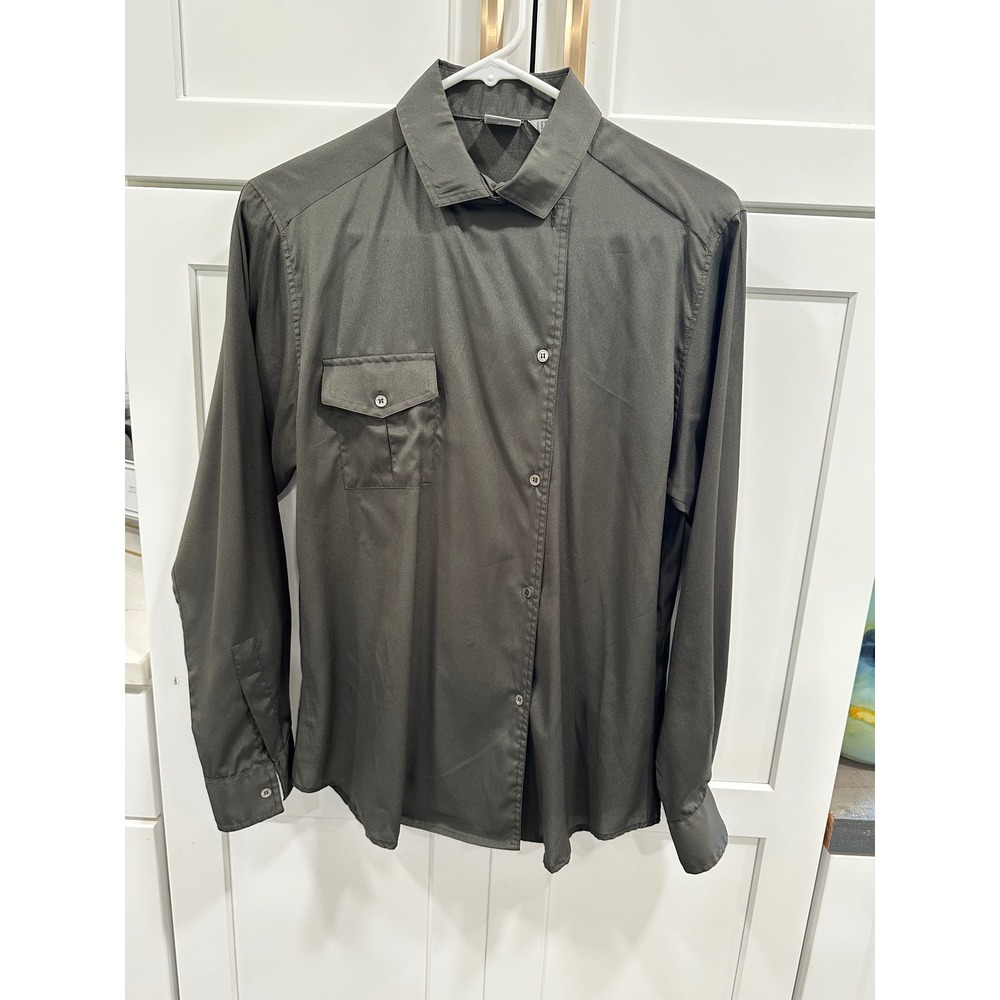Vintage Liz Claiborne Olive‎ Green Asymmetrical Button Down Shirt Womens 12